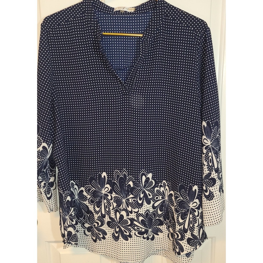 Women's Pixel Dot Blouse Shirt Top Navy Blue & White Floral‎ Border Vneck 2XL
